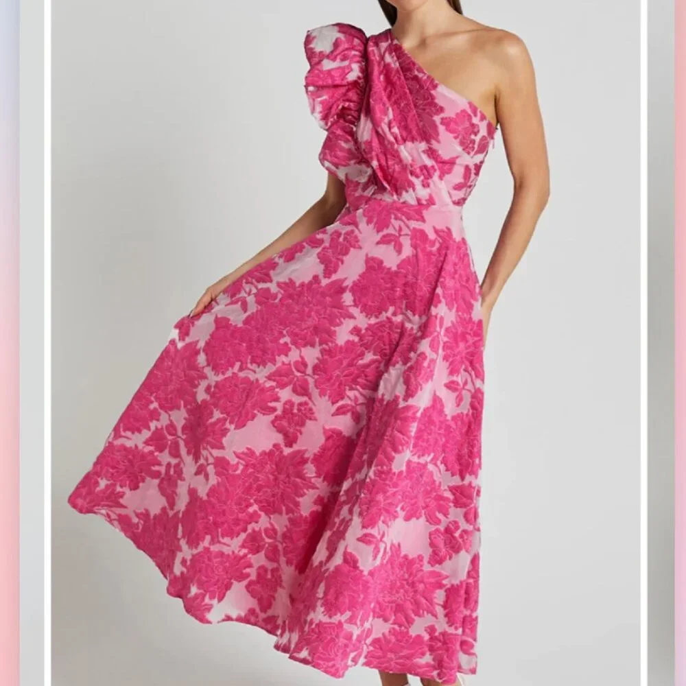 Showpo Hot Pink Floral One-Shoulder Midi Dress - Picture 3 of 12